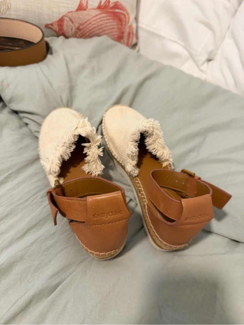 See By Chloe Cream Canvas Espadrille Sandals with Brown Ankle Strap